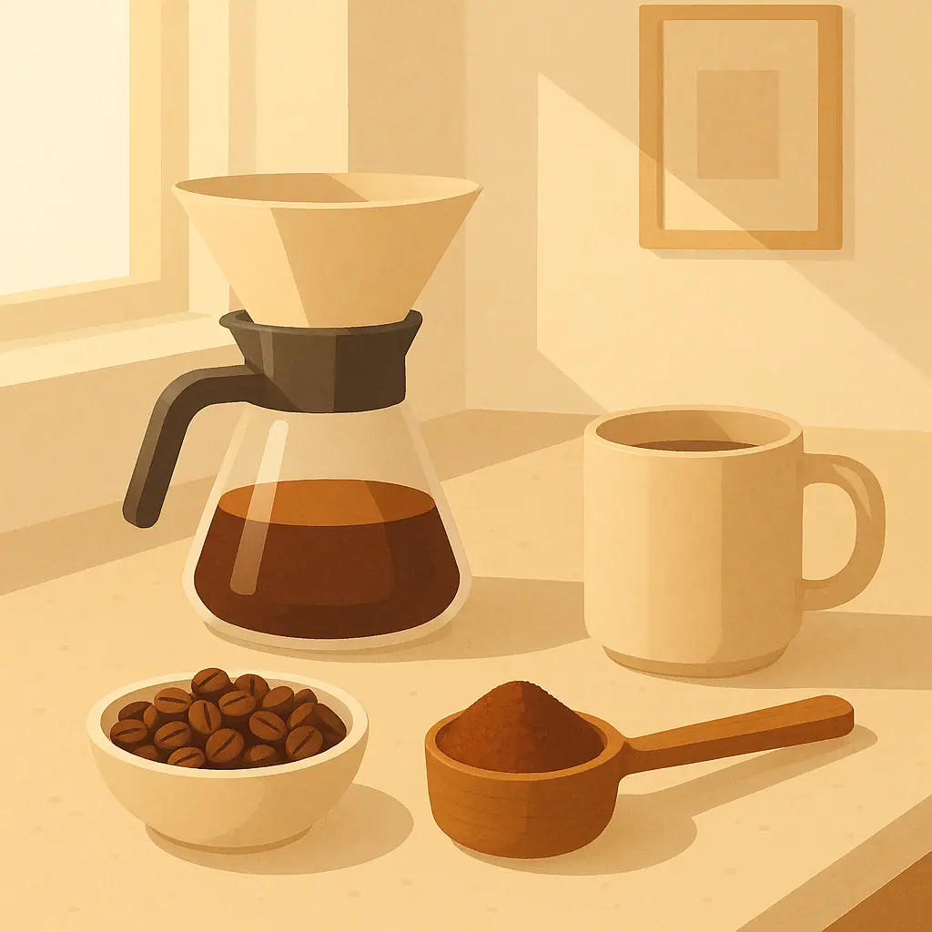 Whole beans beside ground coffee in a calm home coffee setup