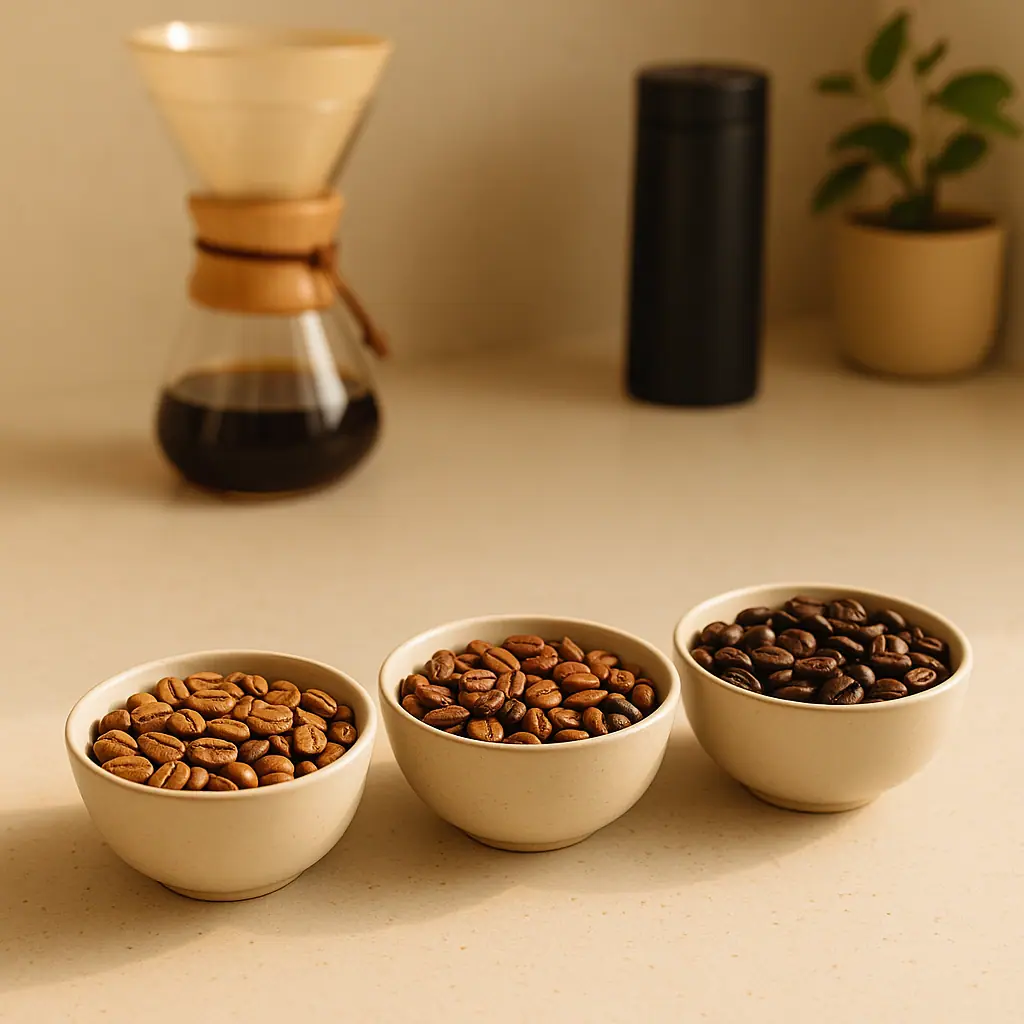 Three bowls of light, medium, and dark roasted coffee beans on a calm kitchen counter