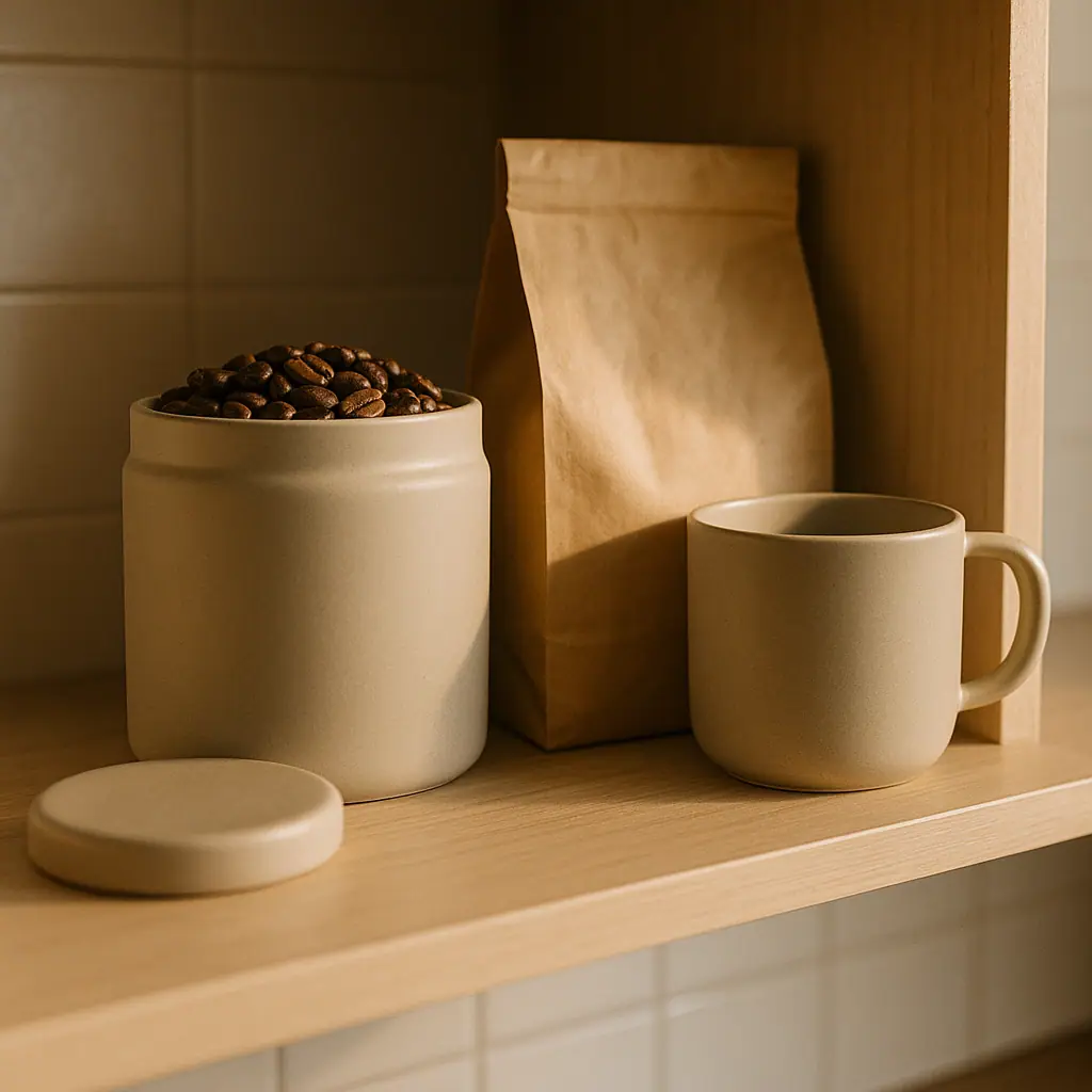 A simple home coffee storage setup with whole beans in a plain sealed container beside a mug on a tidy kitchen counter