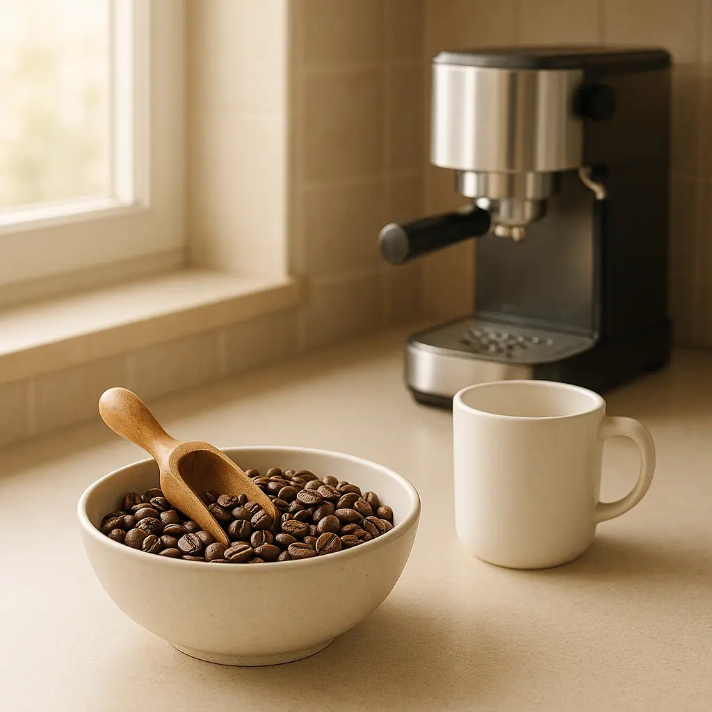 A tidy kitchen counter with a small bag of coffee beans, a scoop, and a mug arranged for a simple weekly buying routine