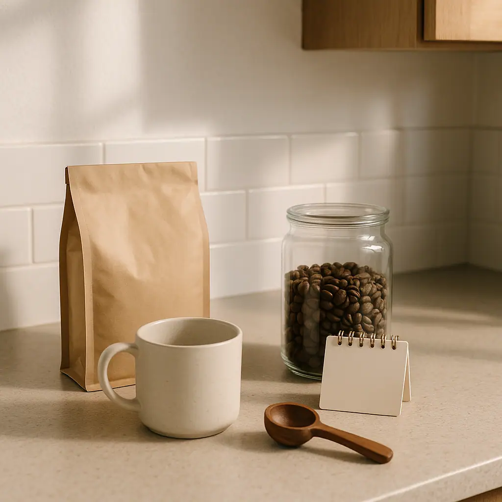 A calm kitchen coffee counter with a fresh coffee bag, mug, calendar, and storage jar arranged for a subscription routine