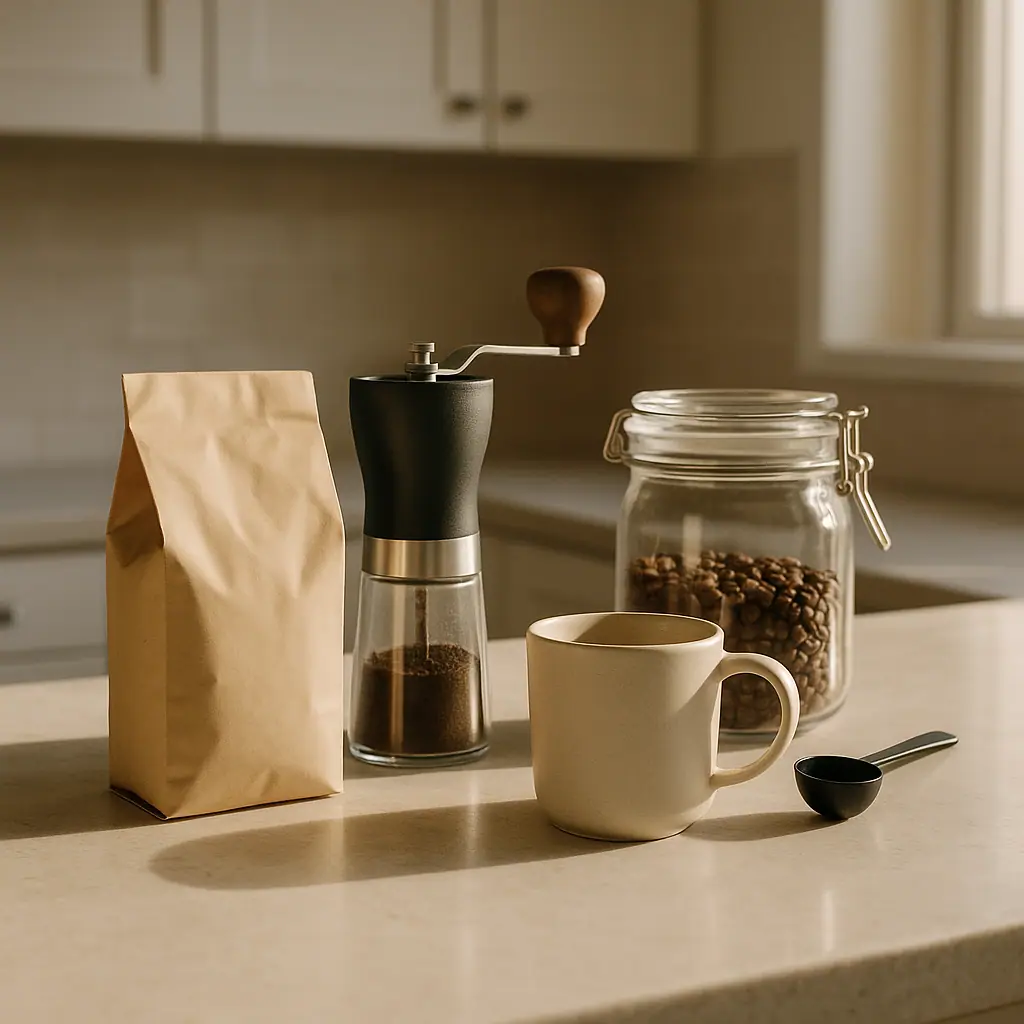 A tidy home coffee counter with a plain decaf coffee bag, mug, scoop, grinder, and sealed storage jar in warm morning light