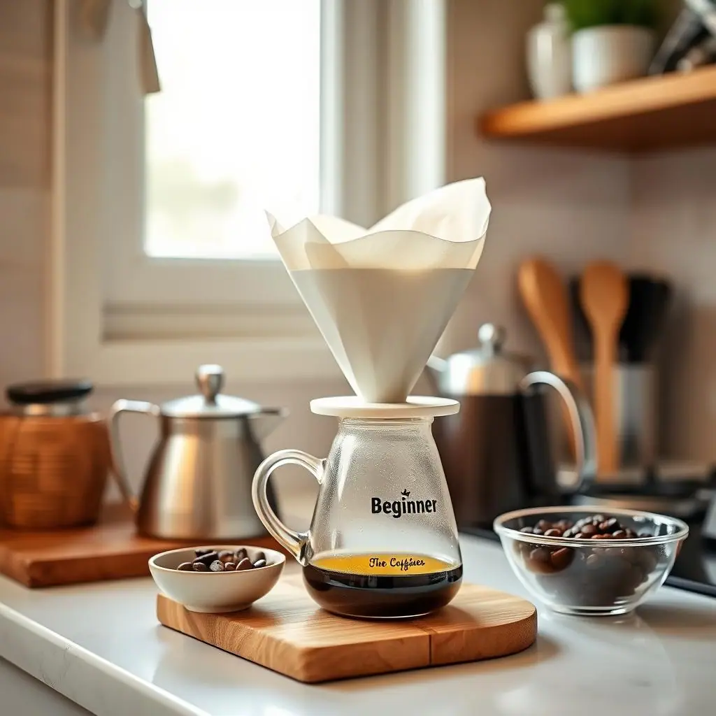 Pour-over coffee setup with a simple dripper, paper filter, mug, kettle, and coffee beans on a warm kitchen counter