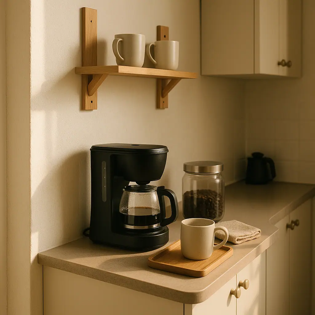 A compact apartment coffee corner with a small brewer, mug, beans, tray, and tidy shelves on a narrow kitchen counter