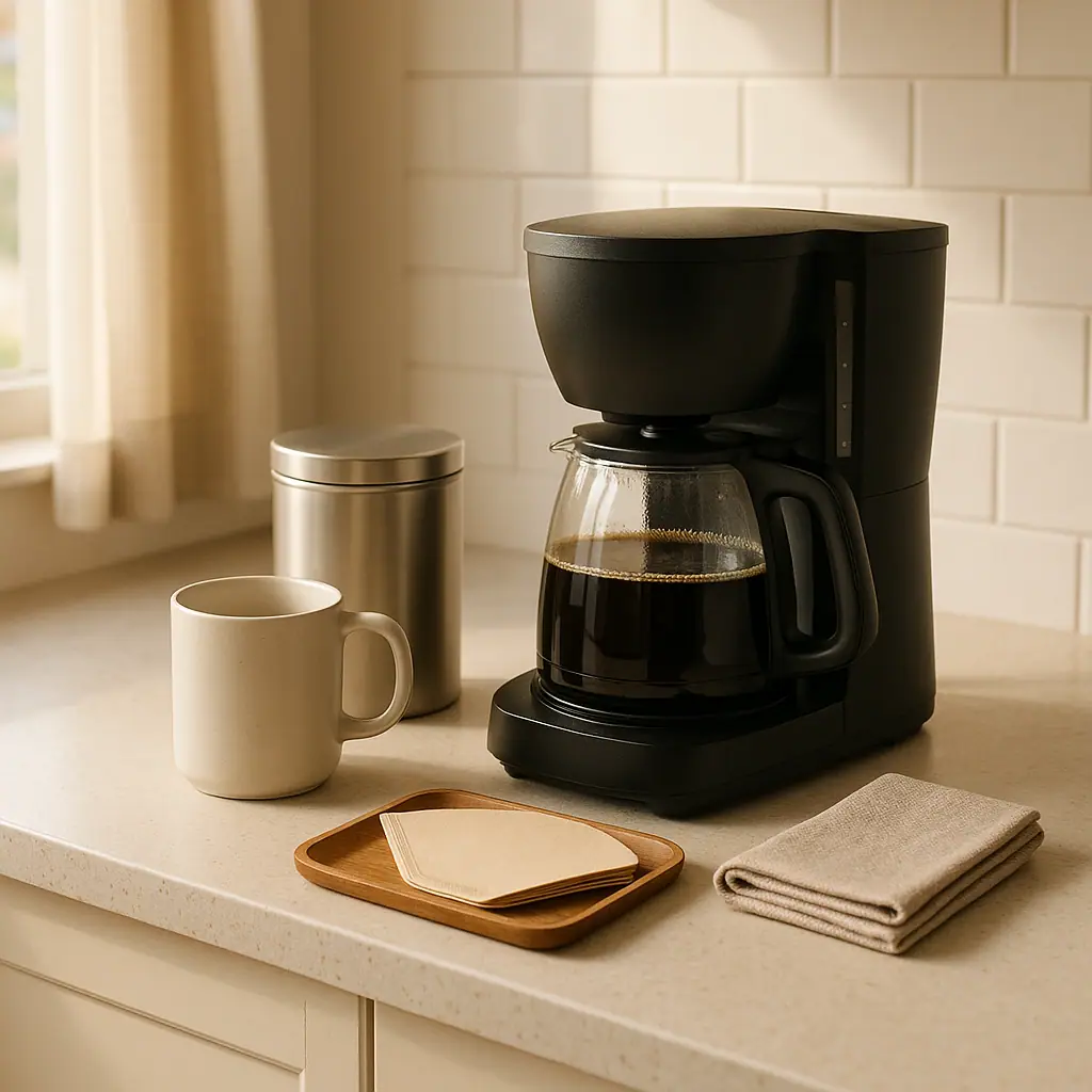 A tidy home coffee station with a brewer, mug, sealed coffee canister, filters, small tray, and cleaning cloth on a warm kitchen counter