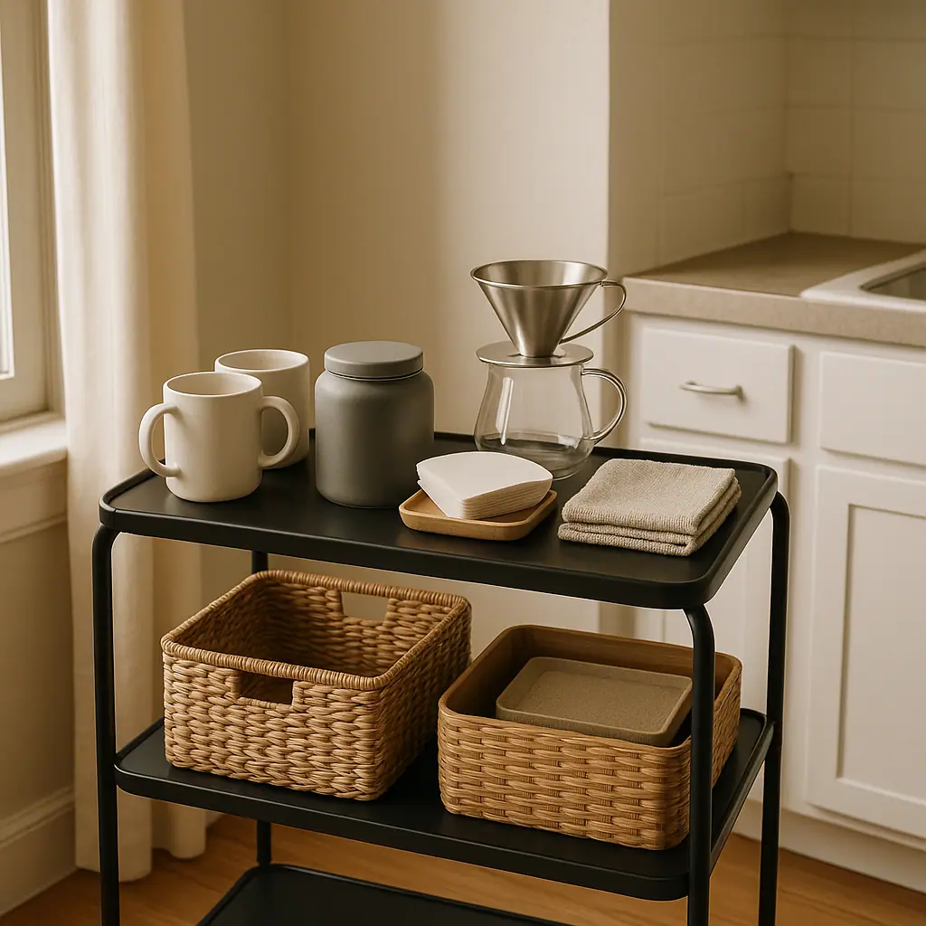 A tidy renter-friendly coffee cart with mugs, sealed coffee, filters, a small brewer, towel, and trays in a warm apartment kitchen