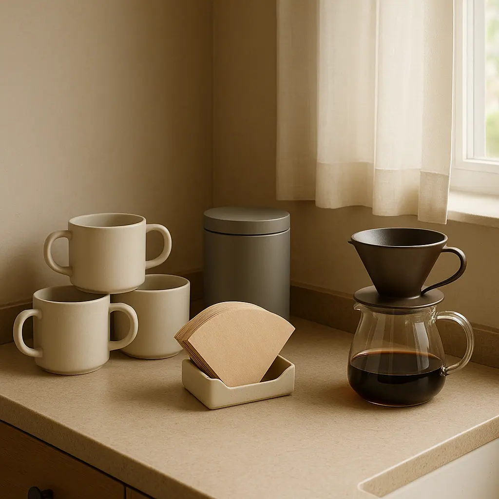 A tidy home coffee nook with neatly arranged mugs, dry paper filters, sealed coffee beans, and a small brewer on a warm kitchen counter
