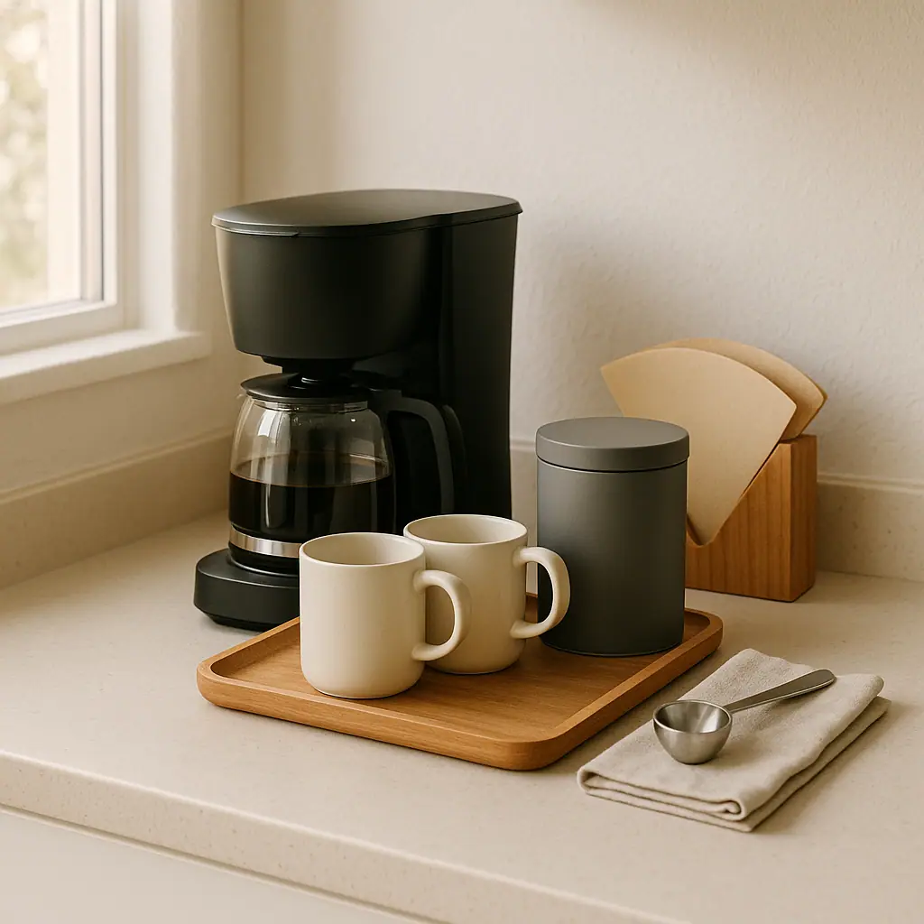 A warm illustrated home coffee bar with a small brewer, tray, mugs, filter holder, sealed coffee canister, and cleanup towel on a tidy counter