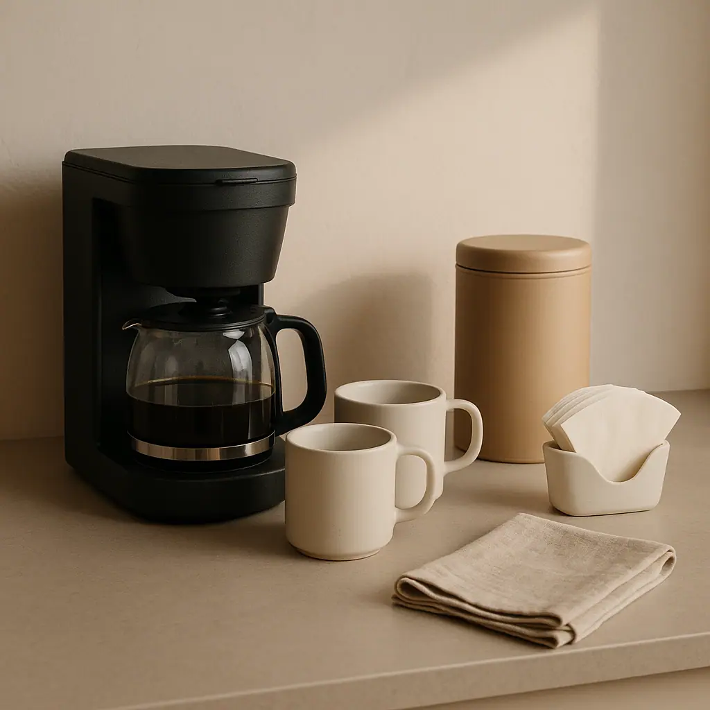 A warm minimalist home coffee station with one compact brewer, two mugs, a coffee canister, filters, and a folded towel on a tidy kitchen counter