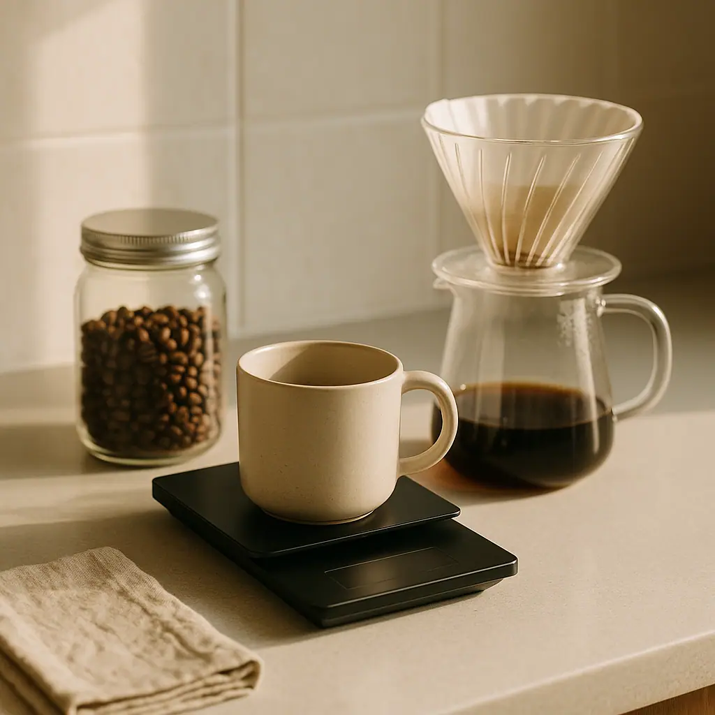 A clean home coffee counter with a small digital scale, mug, pour-over brewer, coffee beans, and a folded towel in warm morning light