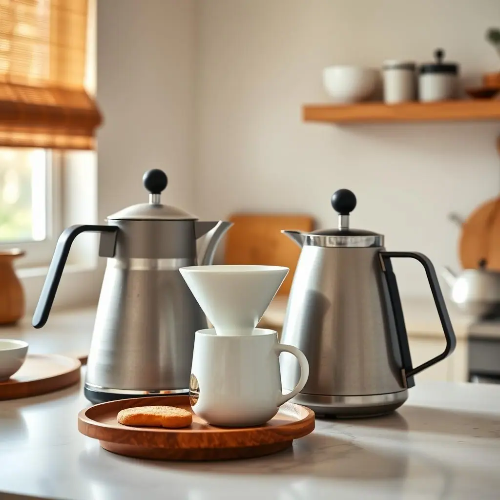 Gooseneck kettle beside a regular kettle on a clean home coffee counter