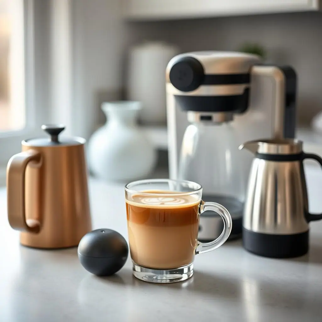Simple milk frother tools beside a mug of home coffee on a clean counter