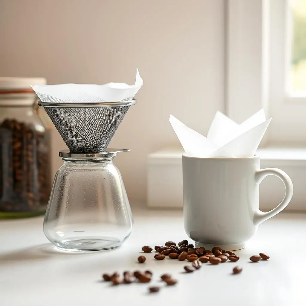 Reusable metal coffee filter and paper cone filters beside a simple home pour-over setup