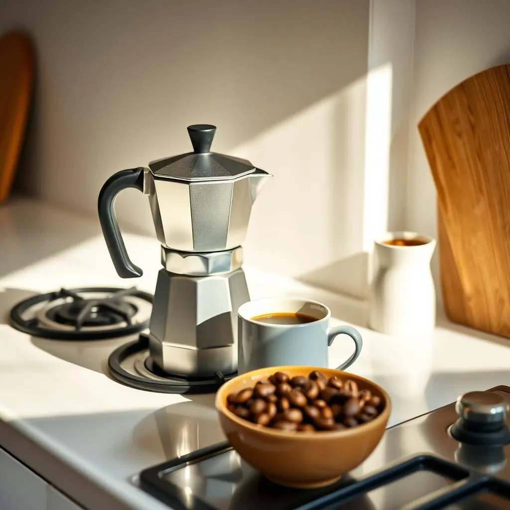 Moka pot brewing coffee on a warm kitchen stovetop with beans, a mug, and a clean morning counter