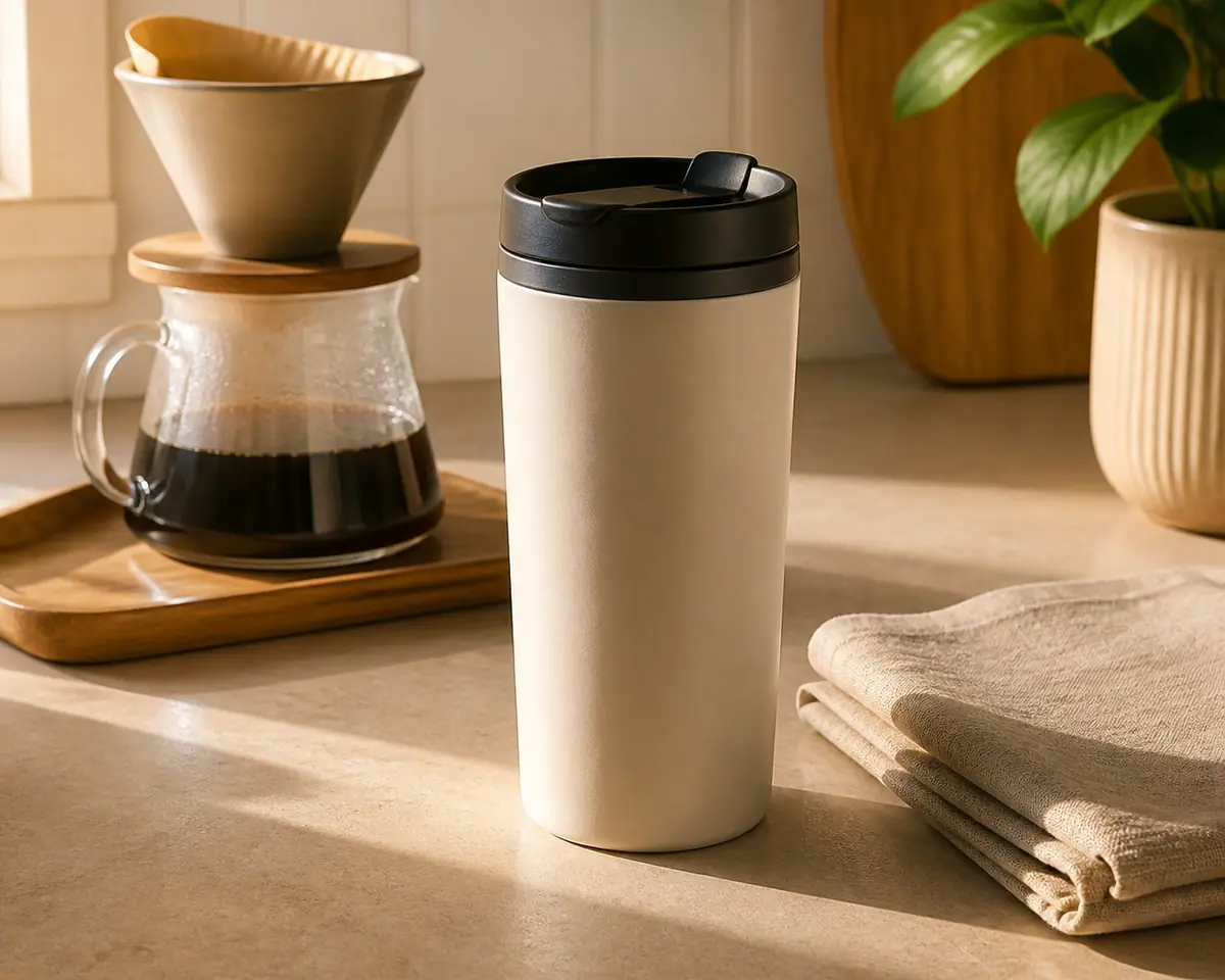 Reusable travel mug beside a home coffee brewer, folded napkin, and keys on a clean kitchen counter