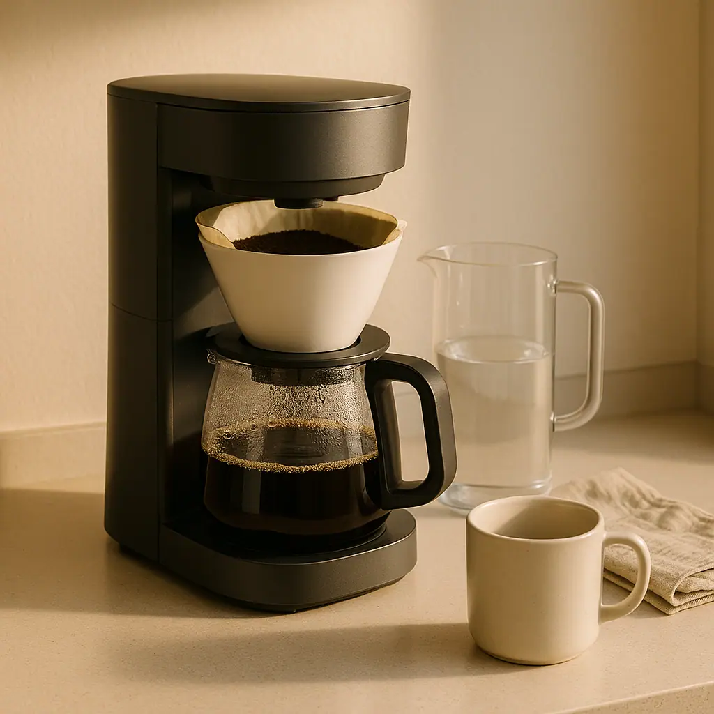 Clean drip coffee maker with carafe, soft cloth, and mug on a calm kitchen counter