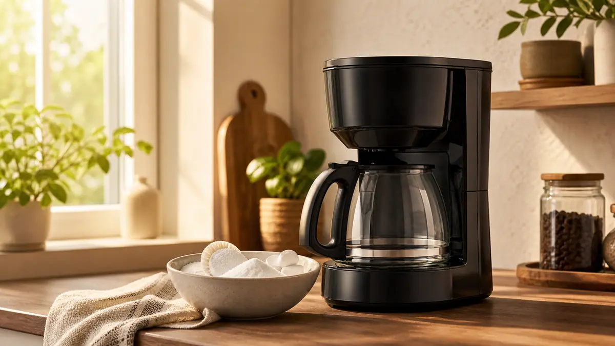 Clean drip coffee maker, empty carafe, and small bowl of descaling supplies on a warm kitchen counter
