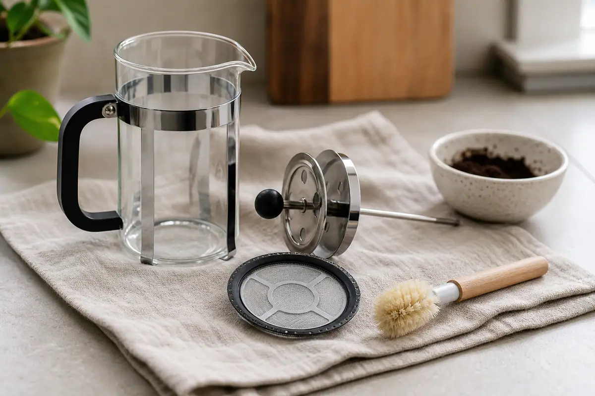 Clean French press parts drying beside a small coffee nook after brewing