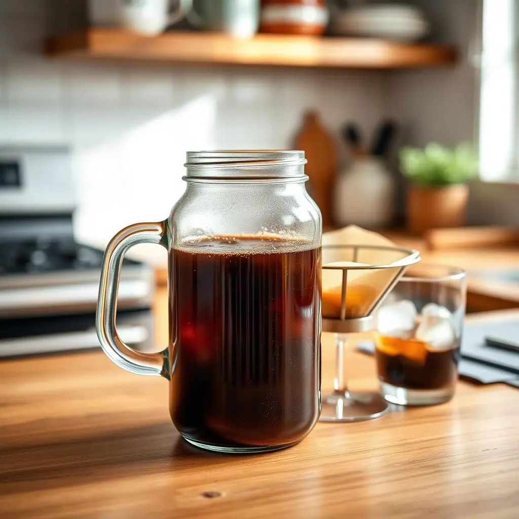 Cold brew coffee setup with a glass jar, coarse coffee grounds, filter, serving glass with ice, and clean kitchen counter