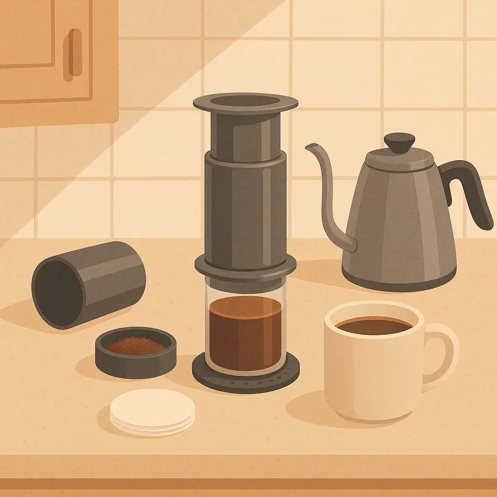 Compact AeroPress-style coffee setup with brewer parts, mug, kettle, filters, and coffee grounds on a small kitchen counter