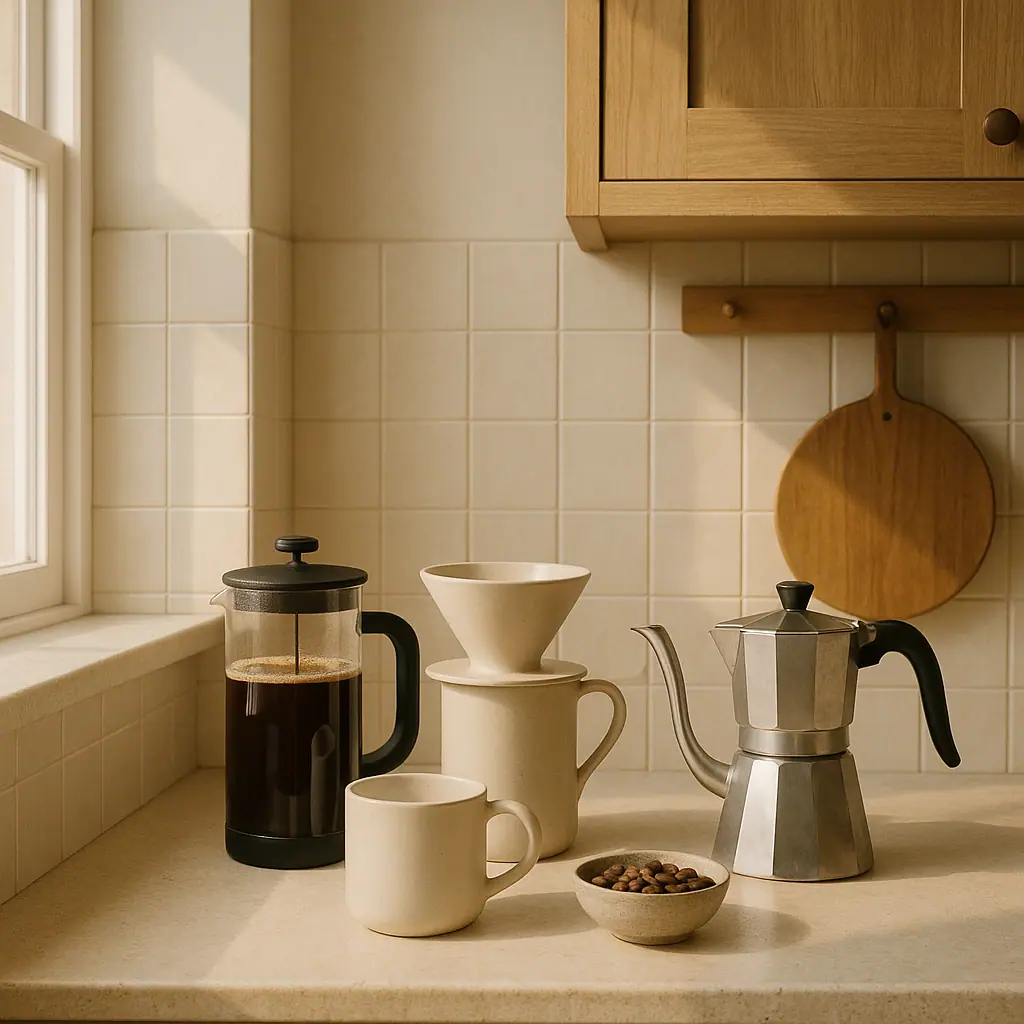Cozy kitchen counter with several simple single-cup coffee brewers, mug, kettle, filters, and coffee beans arranged without labels