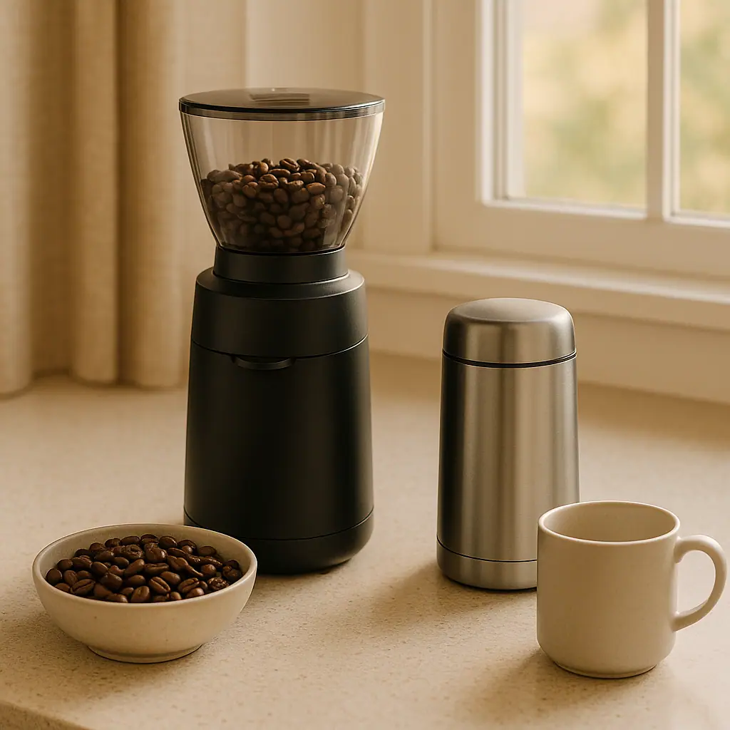 A clean home coffee setup with a burr grinder, blade grinder, beans, and a mug on a warm kitchen counter