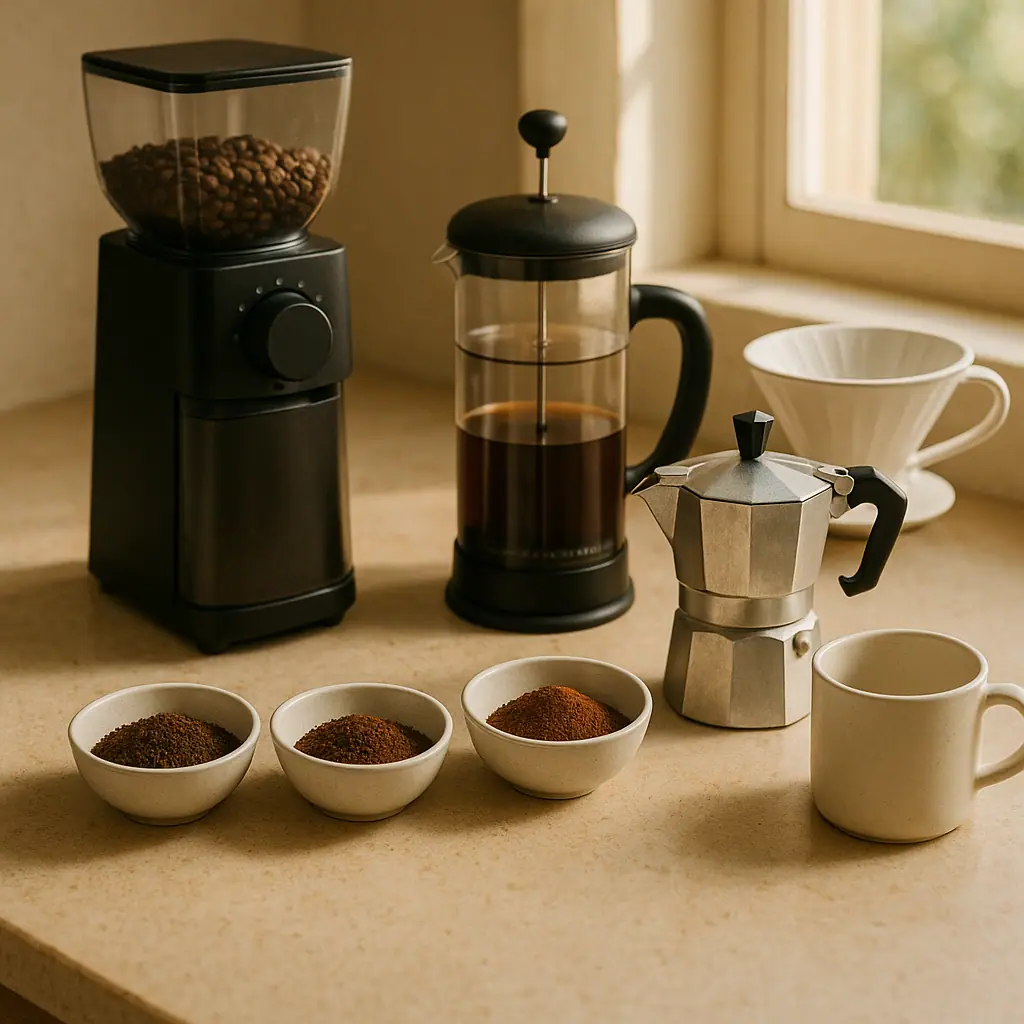 A warm kitchen coffee nook with a grinder, coffee grounds in small bowls, a French press, pour-over cone, and moka pot